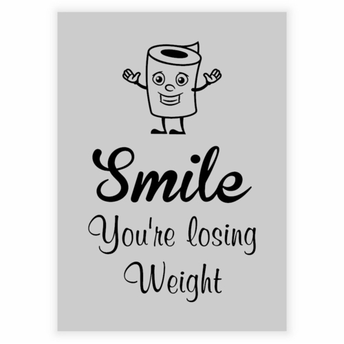Plakat for badet med teksten "Smil du går ned i vekt" grå bakgrunn