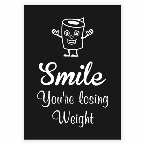 Plakat for badet med teksten "Smil du går ned i vekt" bakgrunn mørkegrå