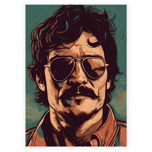 Fet illustrasjon av en mann med bart og solbriller som plakat