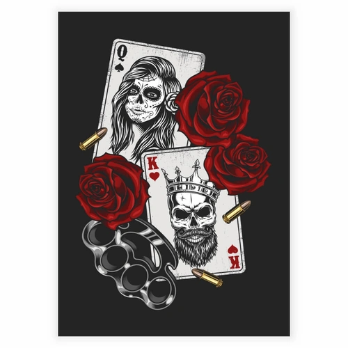 En ekte gangstaplakat med spillekort og røde roser