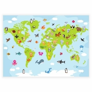 Grønt verdenskart med tegneseriedyr - Plakat