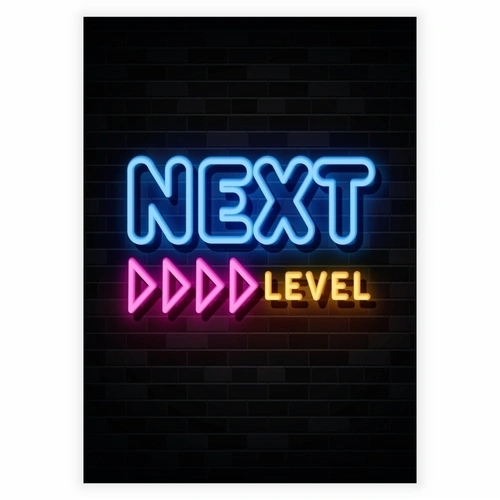 Superkul neon gamer-plakat med teksten Next level