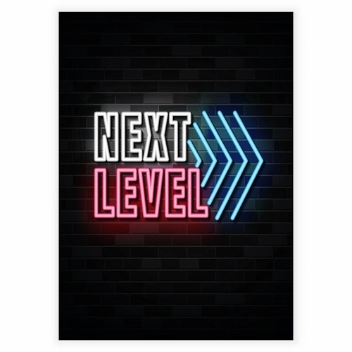 Superkul neonplakat med teksten Next level gaming