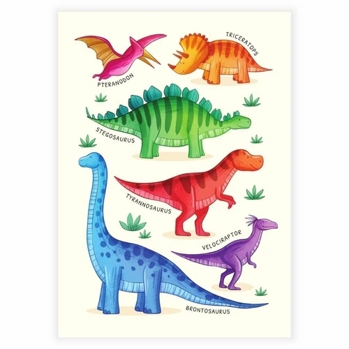 Lær navnene på dinosaurene med denne vakre fargerike læringsplakaten