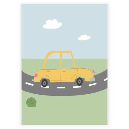 Gul bil på veien Plakat med grønt gress og blå himmel