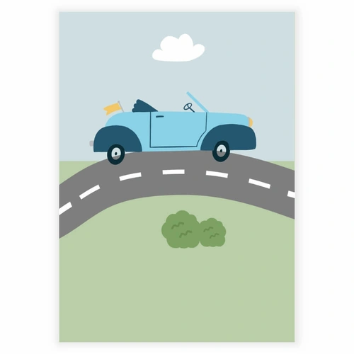 Blå bil på veien Plakat med grønt gress og blå himmel