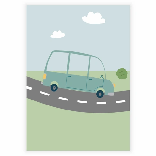 Grønn bil på veien Plakat med grønt gress og blå himmel