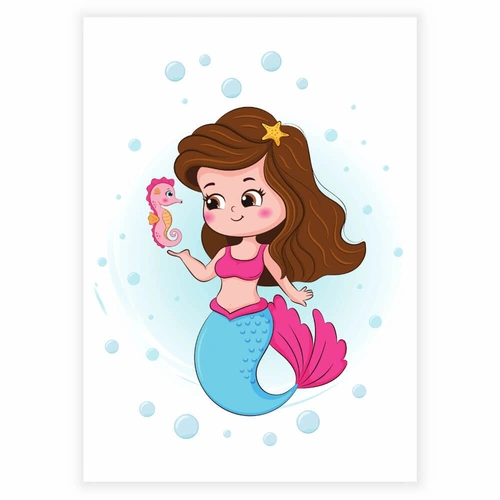 Vakker havfrue med brunt hår og bobler som barneplakat