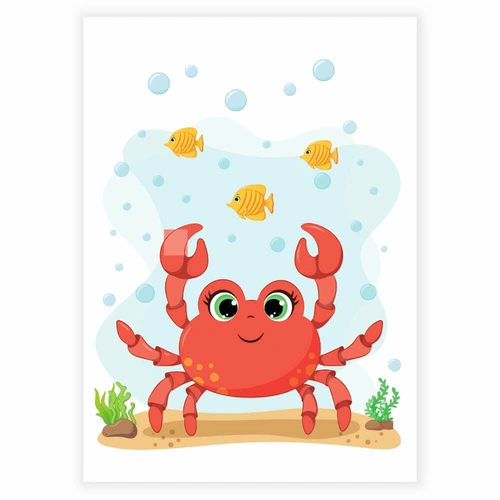 Søt krabbe på sandbunn med bobler som barneplakat