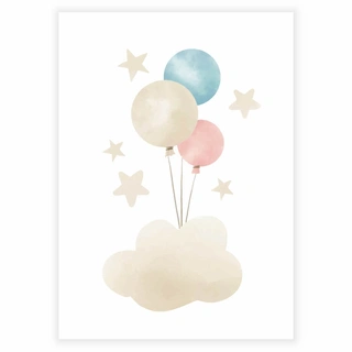 Sky med ballonger og stjerner - Plakat