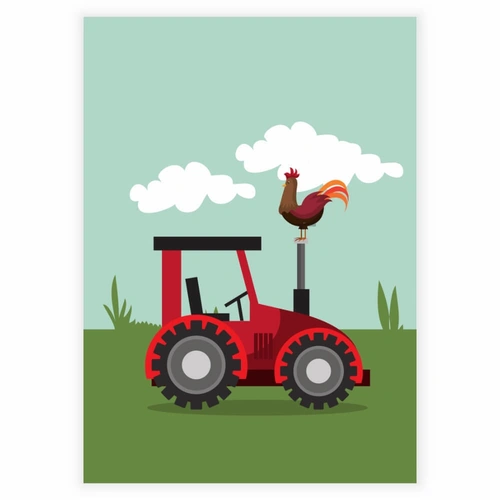 Rød traktor med hane på gård - Barneplakat