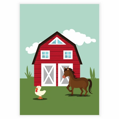 En hest og en høne på en gård - Barneplakat
