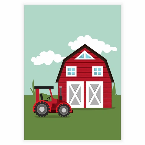 En rød traktor på en gård - Barneplakat