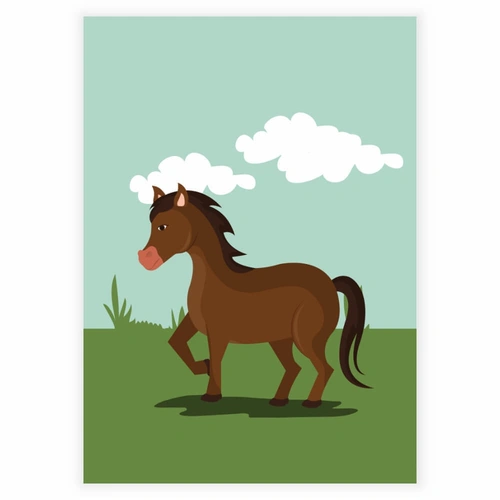 Søt brun hest i et stort felt som barneplakat