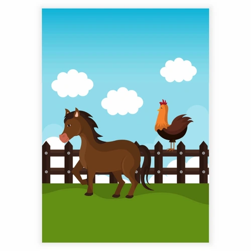 En glad brun hest med en hane på et gjerde som barneplakat
