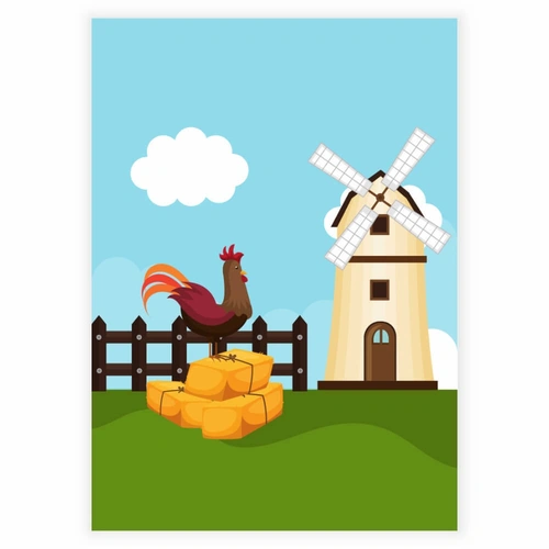 En vindmølle og en hane på et gjerde på landsbygda som barneplakat