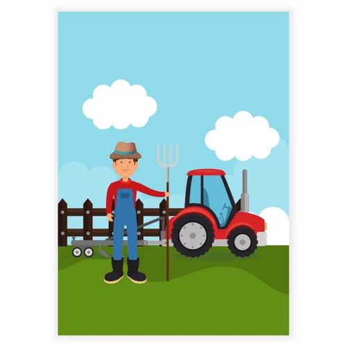 En bonde med sin røde traktor som barneplakat