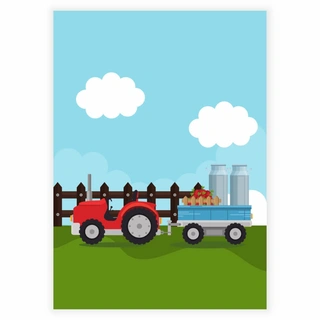 Traktor med melkespann og frukt - Barneplakat
