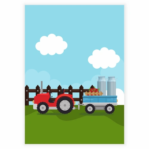 Traktor med melkespann og frukt på vogn som barneplakat