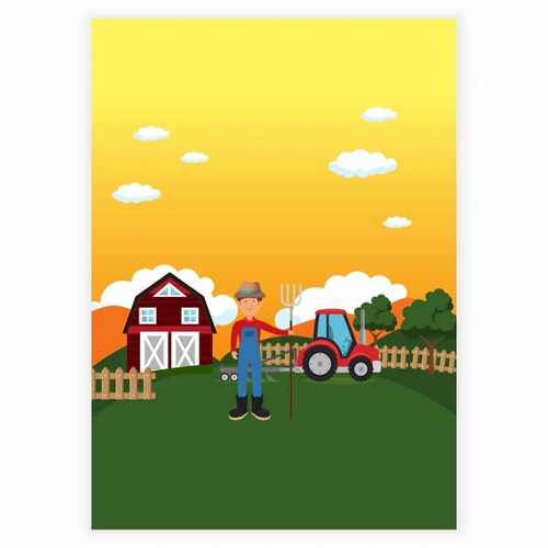Gård, bonde og traktor en tidlig morgen - Barneplakat