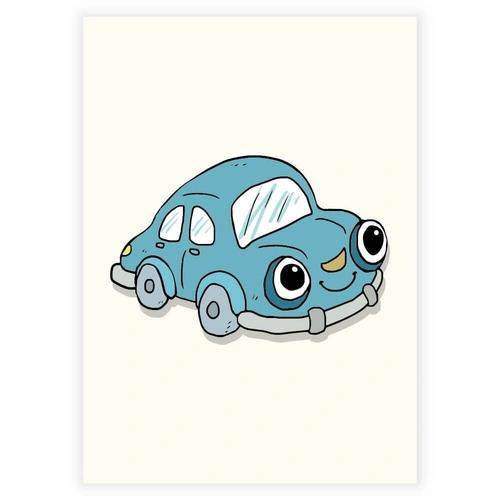 Søt og morsom blå bil med øyne som plakat til barnerommet