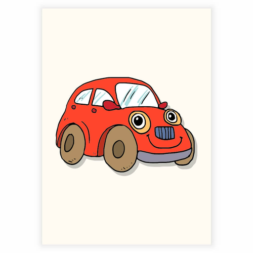 Søt og morsom rød bil med øyne som plakat til barnerommet