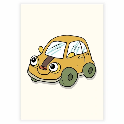 Søt og morsom gul bil med øyne som plakat til barnerommet