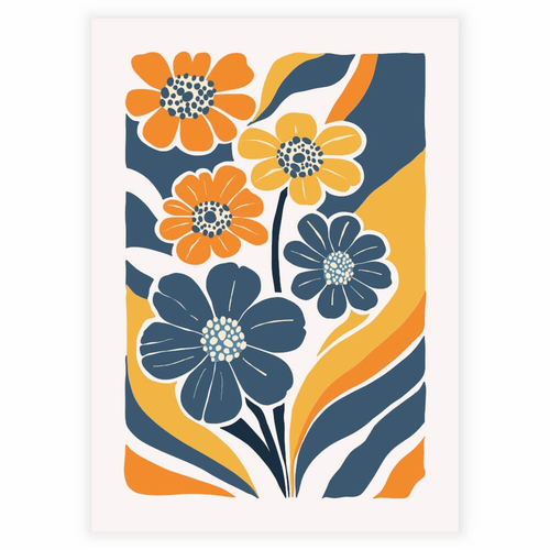 Vakre abstrakte blomster i oransje og blå nyanser som plakat