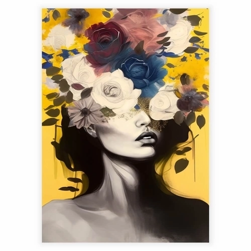 Vakker kvinne med blomsterhårplakat i gule nyanser