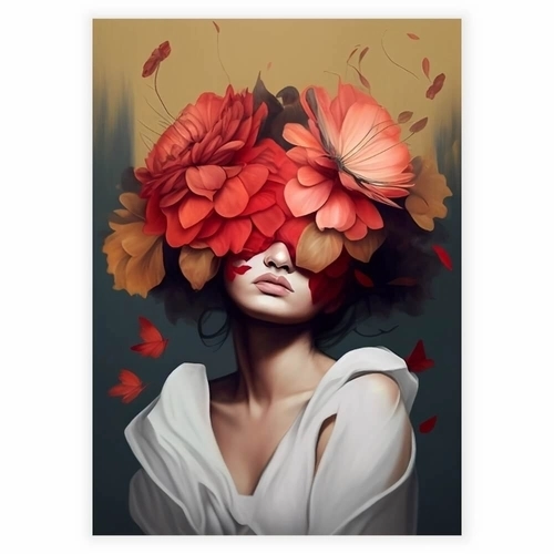 Vakre røde blomster i kvinnens hår som plakat