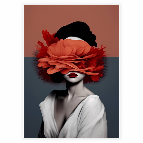 Vakre røde blomster i kvinnens hår som plakat