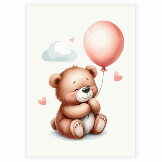 Brun bamse med rosa ballong - Plakat