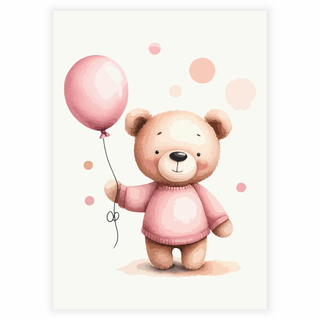 Bamse med rosa ballong og prikker - Plakat