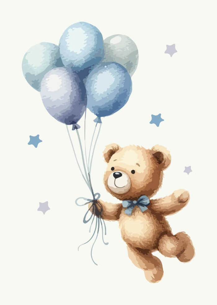 Lyseblå flygende ballonger med bamse på beige bakgrunn - plakat