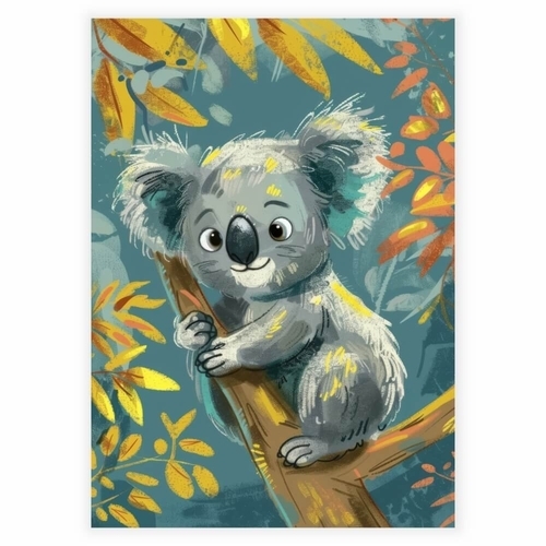 Barneplakat med en koala på en lian-gren med gule blader