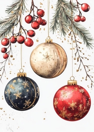 Juleplakat med julekuler og gran