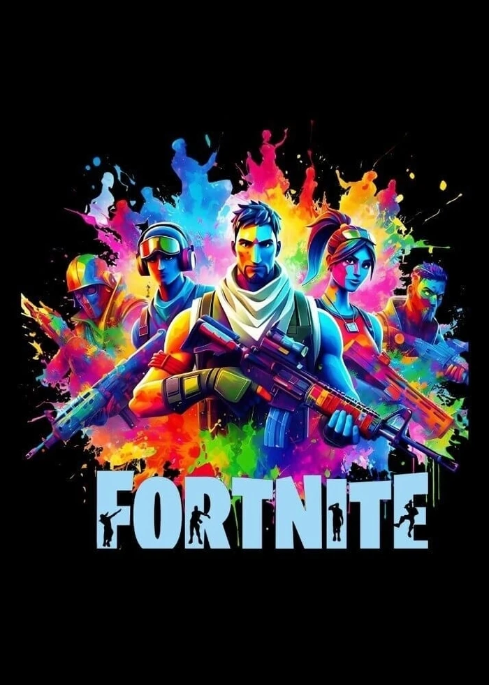 Plakat med Fortnite-karakterene i mange vakre farger