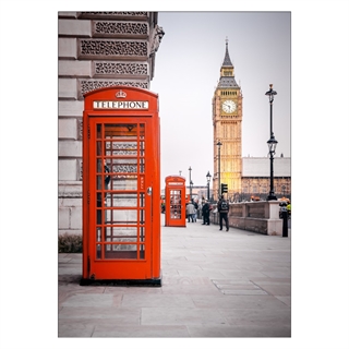 Plakat med røde telefonbokser fra Londons gater