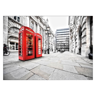 Plakat med Londons populære røde telefonbokser i gråtoner