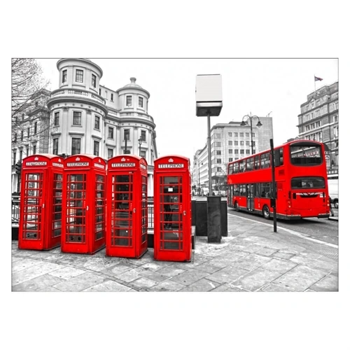 Plakat med rød telefonboks og buss fra london