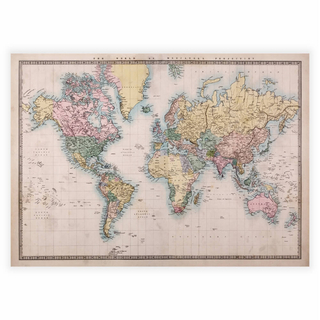 Plakat med håndtegnet verdenskart fra 1860