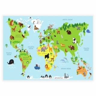 Herlig fargerik barneplakat med verdenskart og dyr