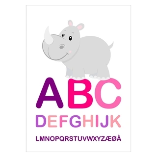  Fin plakat til jenterommet med alfabetet og et neshorn