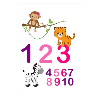 Morsom og fargeleggende barneplakat med tallene 1-0 og søte dyr