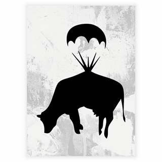 Plakat av en ku i en fallskjerm av Banksy
