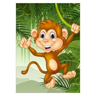 Plakat med ape hengende i en lian som ser mot høyre
