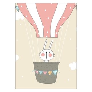Flott og enkel plakat med et motiv av en luftballong og kanin