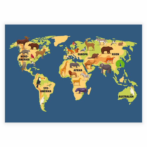 Fargerik og morsom barneplakat med verdenskart og dyr