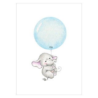 Barnas plakat  Elefant med blå ballong