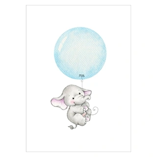 Barneplakat elefant med blå ballong